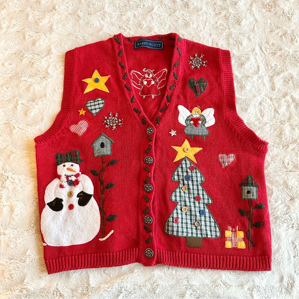 Vintage Christmas Holiday Sweater Vest Womens XL Red Angel Snowman Grandmacore
